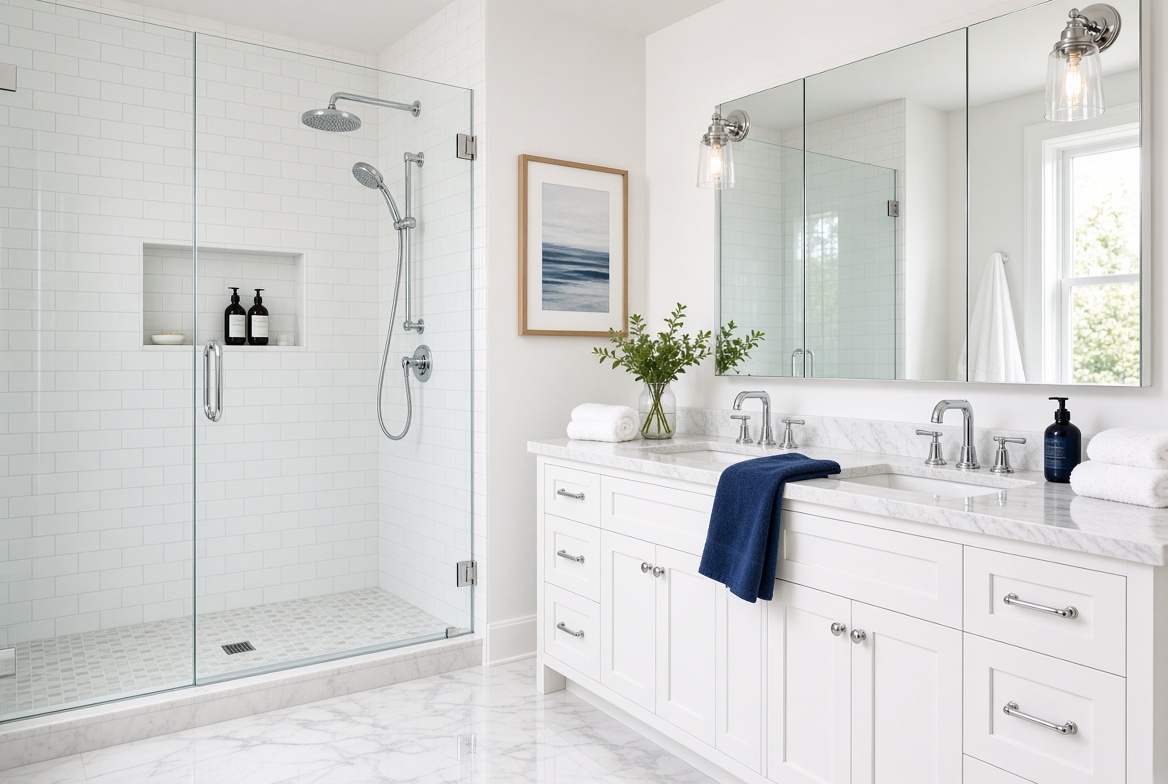 Clean bathroom with streak-free mirrors and fixtures